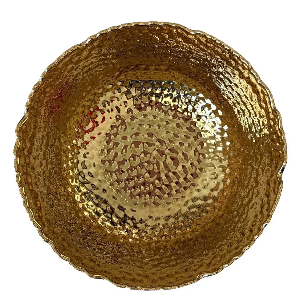 Hammered Gold Enameled Serving Bowl 8.5in Ceramic Chic Holiday Hosting NEW